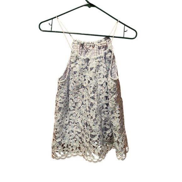 BB Dakota Tops - BB Dakota Gingham Print Floral Lace Overlay Tank Blue & White Medium